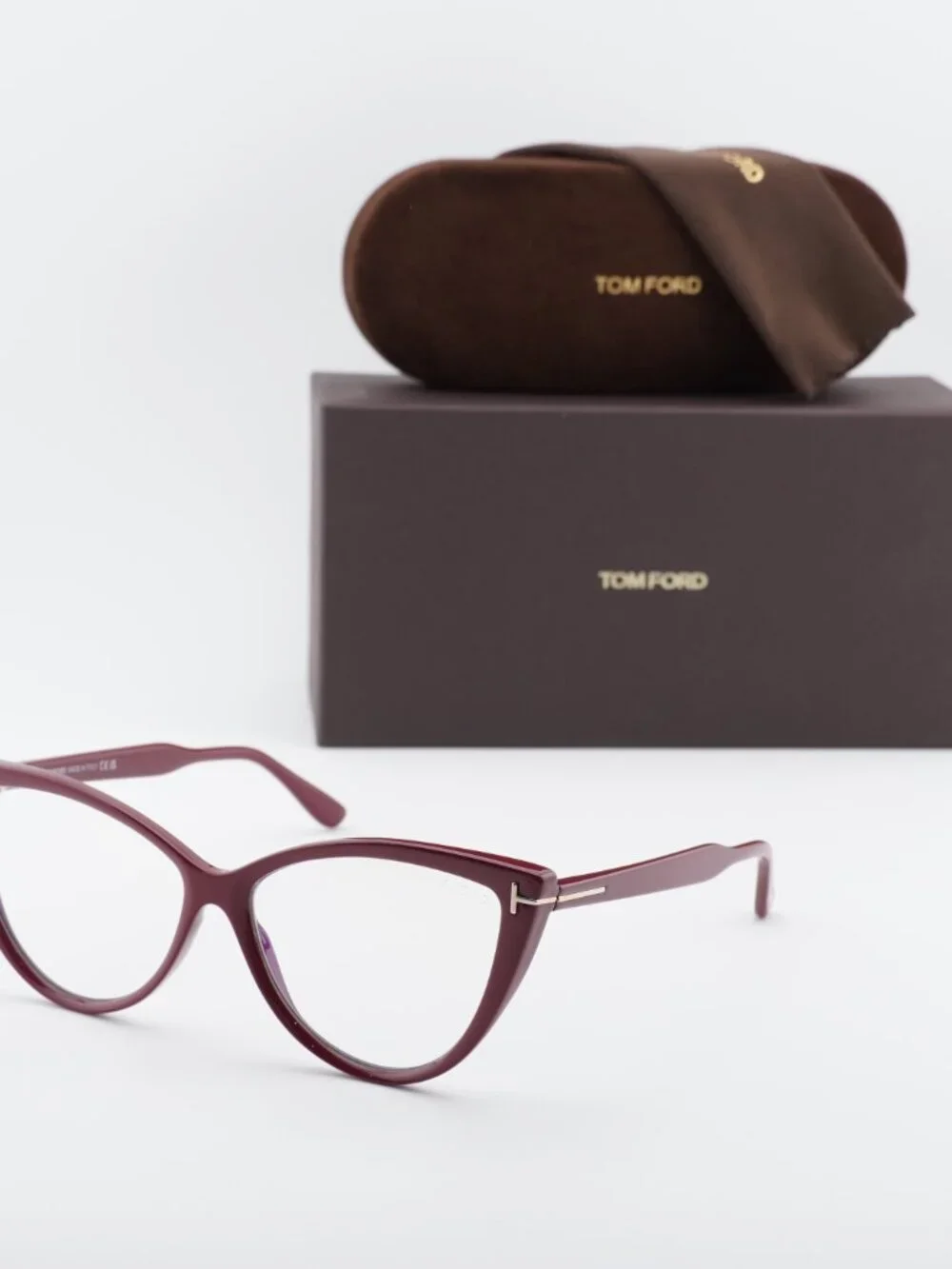 Tom Ford FT5843-B 074 Eyeglasses Bordeaux 56mm Cat Eye Frame, Blue Light Block